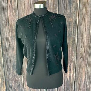 VINTAGE 60's JERI-JO Black Lambswool Beaded Sequined 3/4 Sleeve Cardigan Sweater